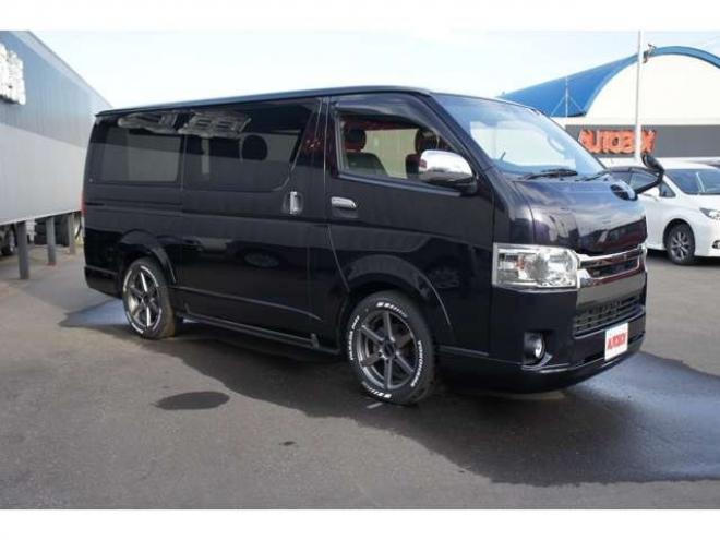 レジアスエース2.8 スーパーGL ダークプライムII ロングボディ ディーゼルターボ 4WD　415COBRA　S-6ボンネット&クリーンルック3Fリップ&ステージ2ルーフスポイラー&バッドラッカーSD-6　17インチAW　ヨコハマPARADA215/60R17　両側パワースライドドア　ETC　社外コンソールBOX 2800