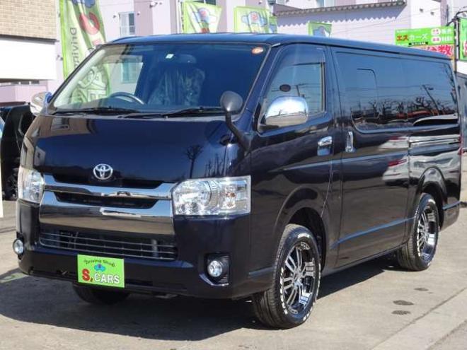 ハイエースバン3.0 スーパーGL ダークプライム ロングボディ ディーゼルターボ 4WD　本州車　4WD　3.0ディーゼルターボ　ダークプライム　新品タイミングベルト/ウォーターポンプ交換込　DELF&NASCARホワイトレタータイヤ　バックカメラ　本革巻黒木目ハンドル　メッキグリル　LEDヘッドライト ETC 3000